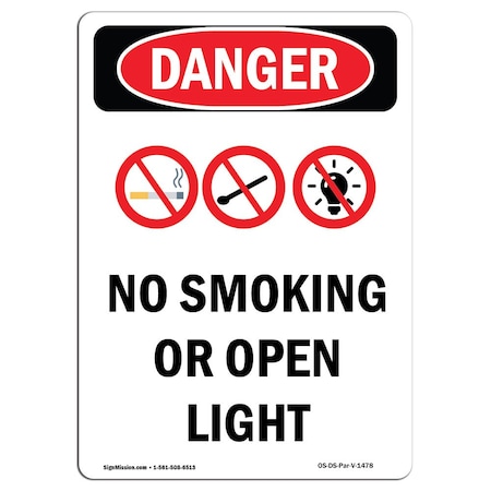 Signmission OSHA Danger Sign, No Smoking Or Open Lights, 10in X 7in Aluminum, 7" W, 10" L, Portrait OS-DS-A-710-V-1478